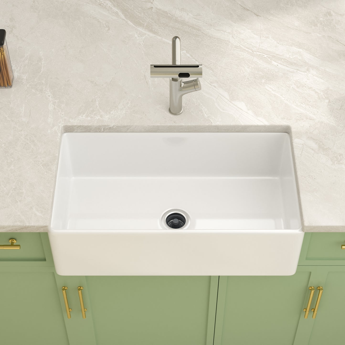 Kichae 33'' x 18'' Reversible White Fireclay Farmhouse Kitchen Sink, Single Bowl Apron Front Sink with Basin Rack & Drain Assembly
