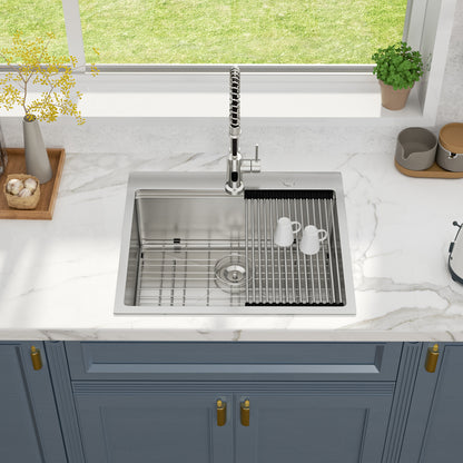 Kichae 25 Inch Drop In Workstation Kitchen Sink 25×22 Inch 16 Gauge T304 Stainless Steel Single Bowl Sink with Full Workstation Accessories