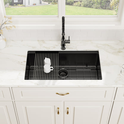 Kichae 30'' x 19'' Gunmetal Black Undermount Workstation Kitchen Sink 16 Gauge Stainless Steel Single Bowl Sink with Full Workstation Accessories