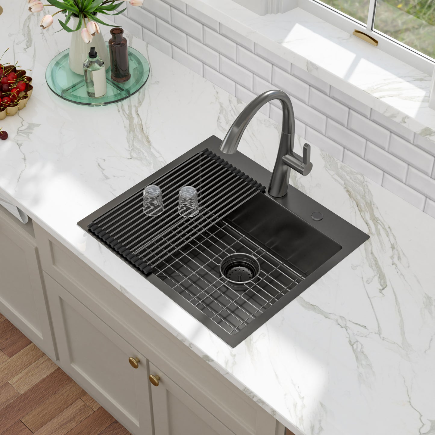 Kichae 25 Inch Gunmetal Black Drop In Top Mount Kitchen Sink 25×22 Inch 16 Gauge T304 Stainless Steel Single Bowl Sink with Accessories