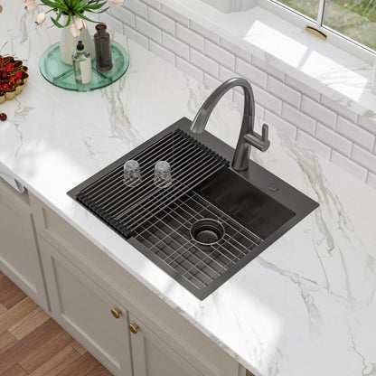 Kichae 25 Inch Gunmetal Black Drop In Top Mount Kitchen Sink 25×22 Inch 16 Gauge T304 Stainless Steel Single Bowl Sink with Accessories