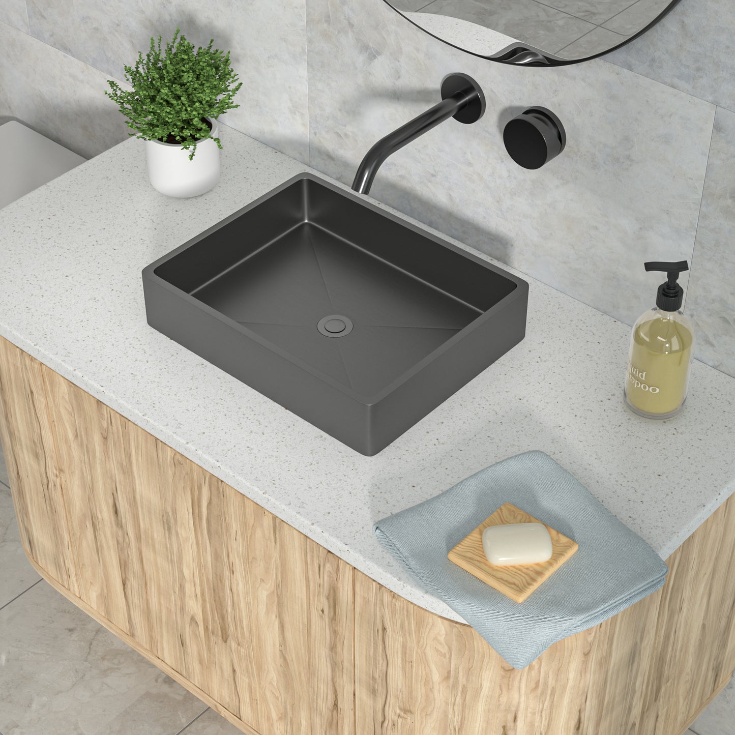 19in L X 15in W Stainless Steel Rectangular Bathroom Sink Above Couter Art Basin with Pop Up Drain-Gunmetal Black