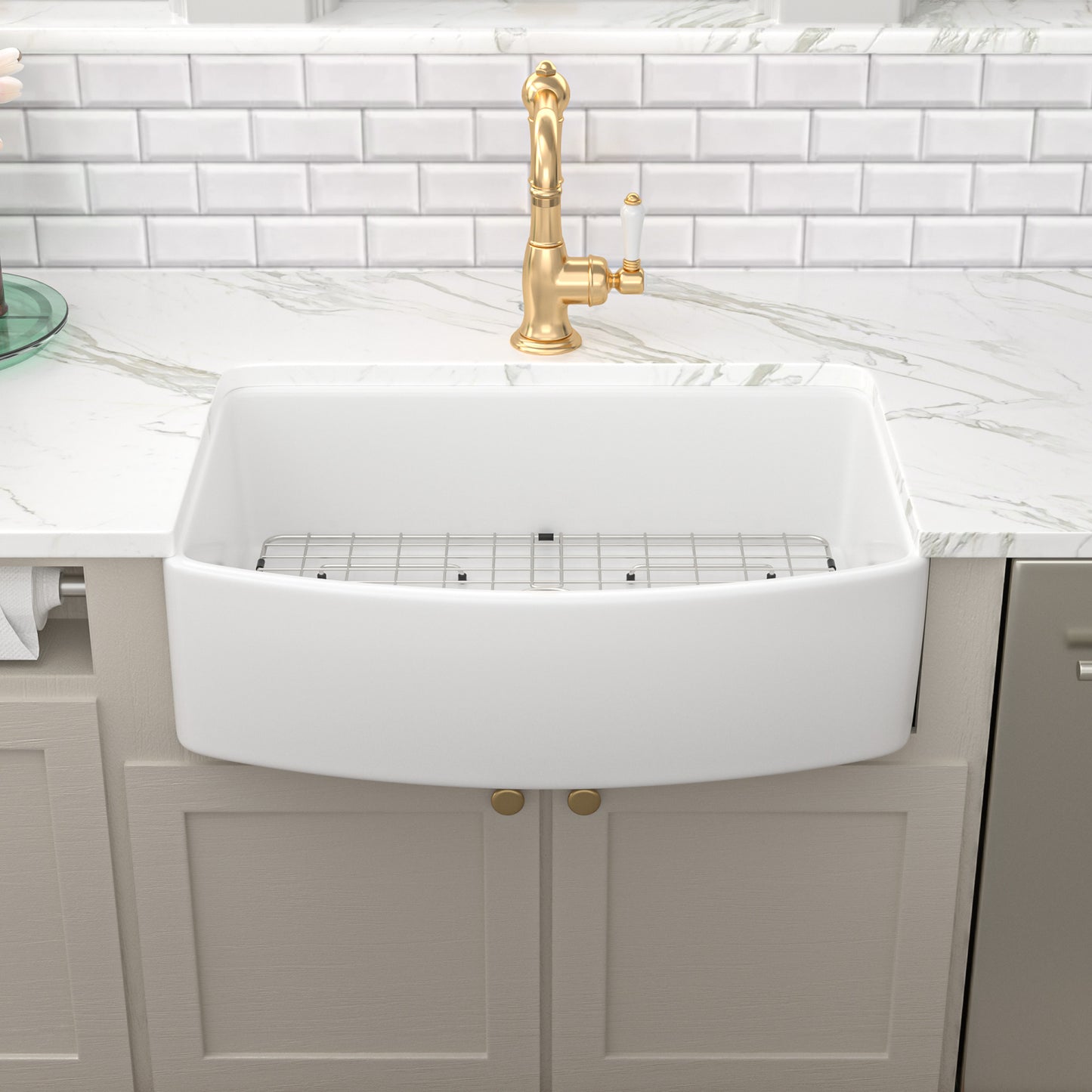 Kichae 33" x 19" White Fireclay Farmhouse Kitchen Sink Apron Front Single Bowl Sink