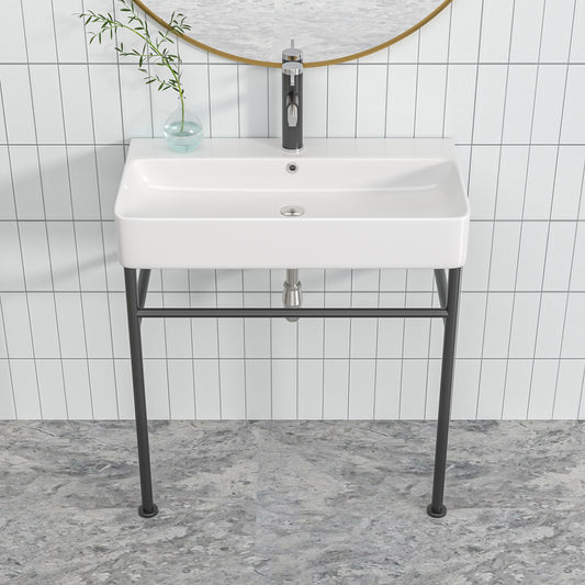 32in W X 17in D Console Bathroom Sink Ceramic Rectangular with Overflow in White Basin