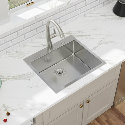Kichae 25 Inch Drop In Kitchen Sink 25×22 Inch T304 Stainless Steel 16 Gauge Single Bowl Sink with Drain Assembly