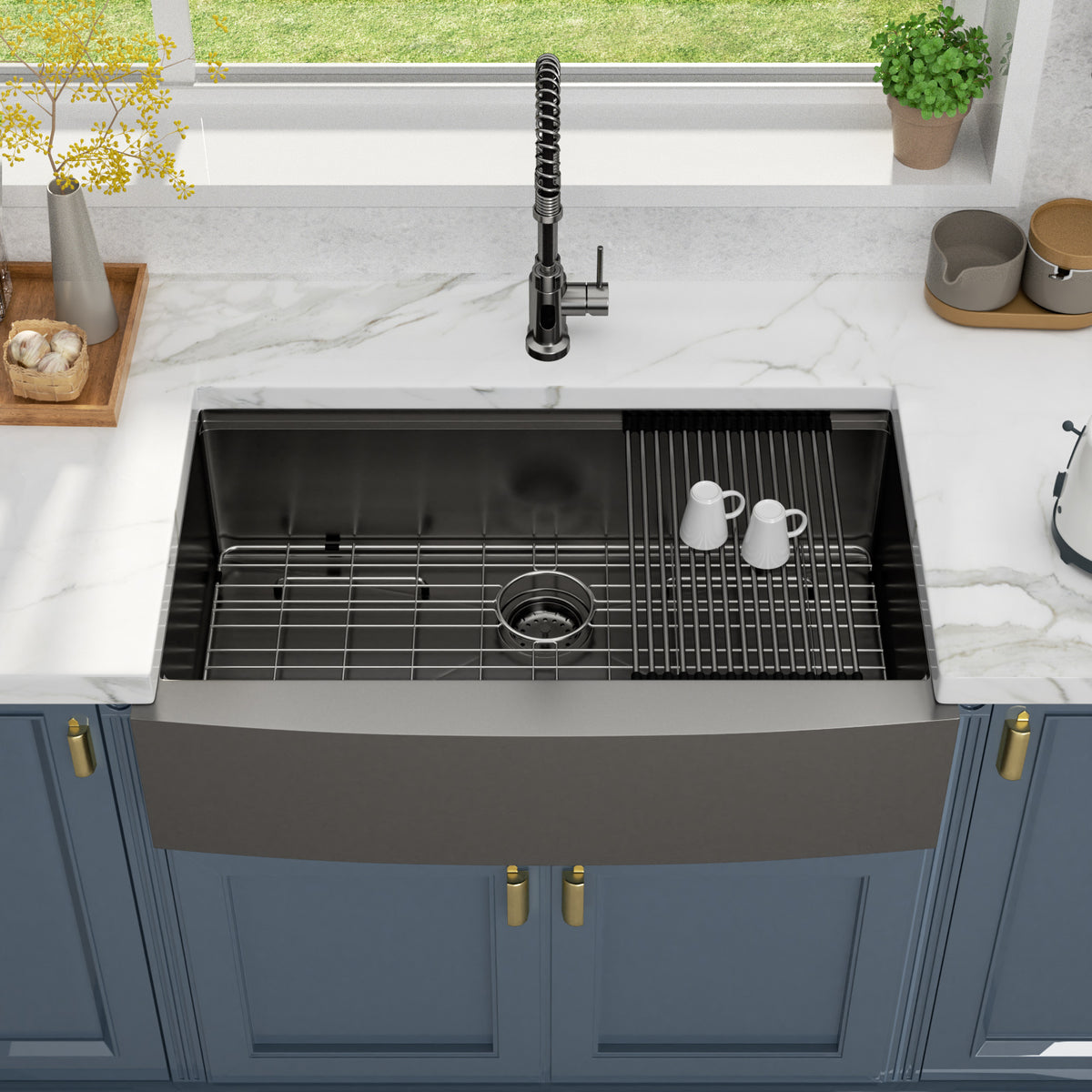 Kichae 36 x 22 Inch Kitchen Sink Farmhouse Workstation Black Stainless Steel with Accessories