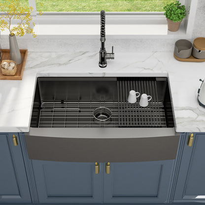 Kichae 36 x 22 Inch Kitchen Sink Farmhouse Workstation Black Stainless Steel with Accessories