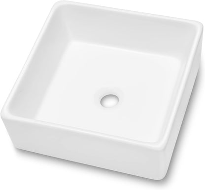 Kichae 15in x 15in x 5.5in Modern Square Above Counter White Ceramic Bathroom Vessel Vanity Sink Art Basin | Bathroom Sink, Kitchen Farmhouse Sink | Kichae