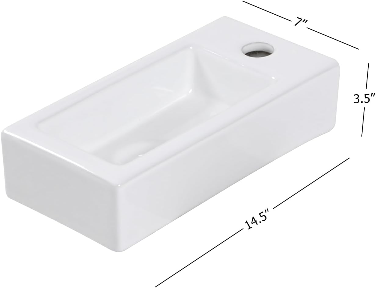 Kichae Small Bathroom Sink Wall Mounted - Wall Mounted Bathroom Sink Rectangle 15in  x 7in  Tiny White Ceramic Wash Basin with Faucet Hole Right Hand