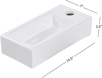 Kichae Small Bathroom Sink Wall Mounted - Wall Mounted Bathroom Sink Rectangle 15in  x 7in  Tiny White Ceramic Wash Basin with Faucet Hole Right Hand