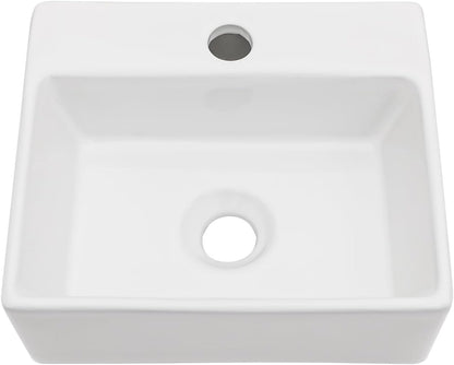 Kichae Wall Mount Hung Small Vessel Sink - Bathroom Corner Floating Sink Rectangle 13in  x 11in  Modern Bathroom White Porcelain Ceramic Vessel Vanity Sink with Faucet Hole