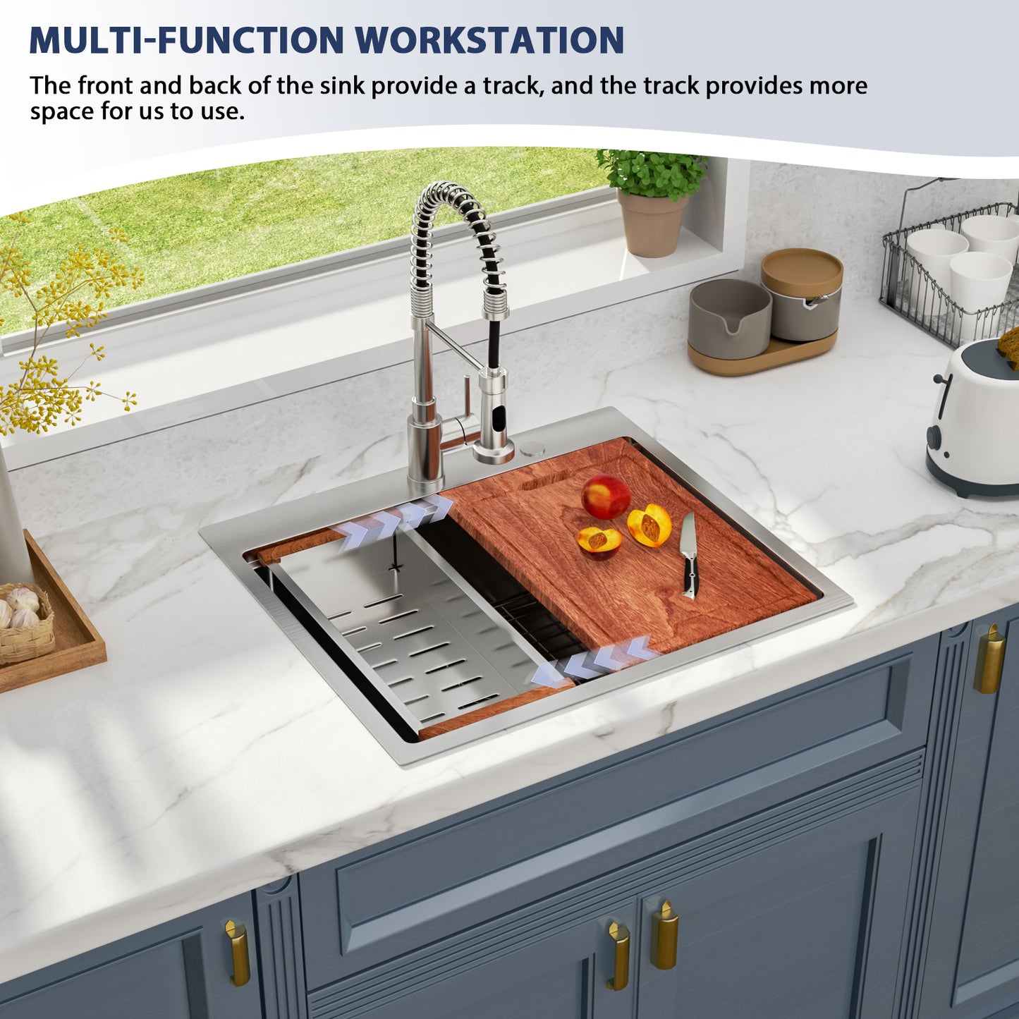 Kichae 25 Inch Drop In Workstation Kitchen Sink 25×22 Inch 16 Gauge T304 Stainless Steel Single Bowl Sink with Full Workstation Accessories