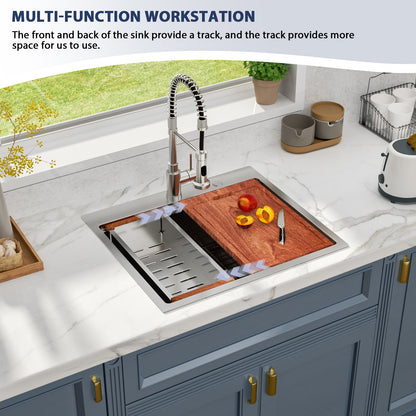 Kichae 25 Inch Drop In Workstation Kitchen Sink 25×22 Inch 16 Gauge T304 Stainless Steel Single Bowl Sink with Full Workstation Accessories