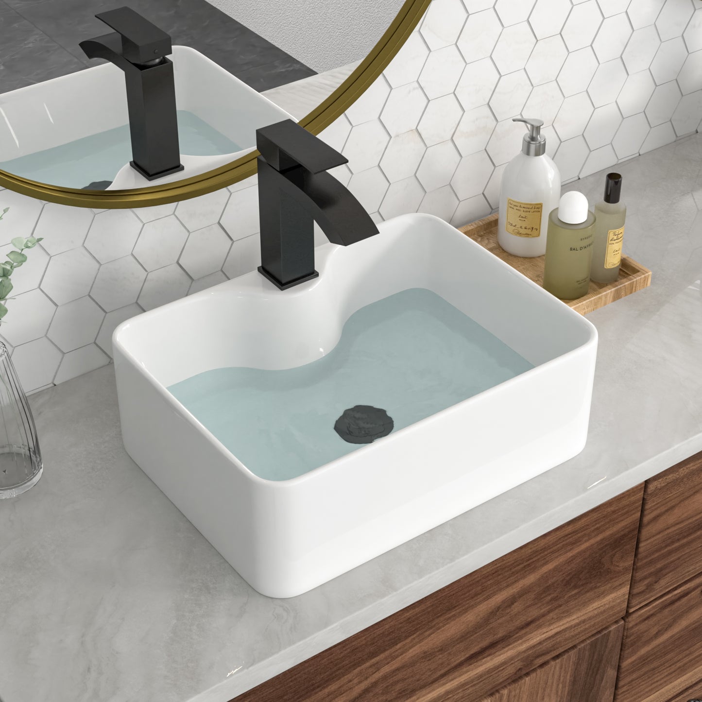 Kichae 16×12 Inch White Rectangular Ceramic Vessel Sink Complete Set with Matte Black Faucet, Pop-Up Drain & Supply Lines