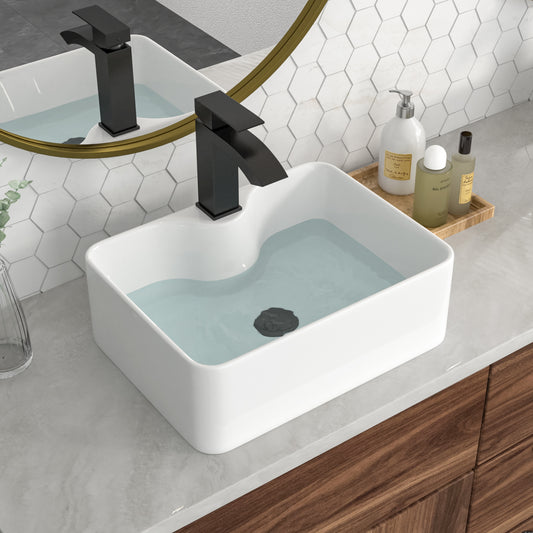 Kichae 16¡Á12 Inch White Rectangular Ceramic Vessel Sink Complete Set with Matte Black Faucet, Pop-Up Drain & Supply Lines