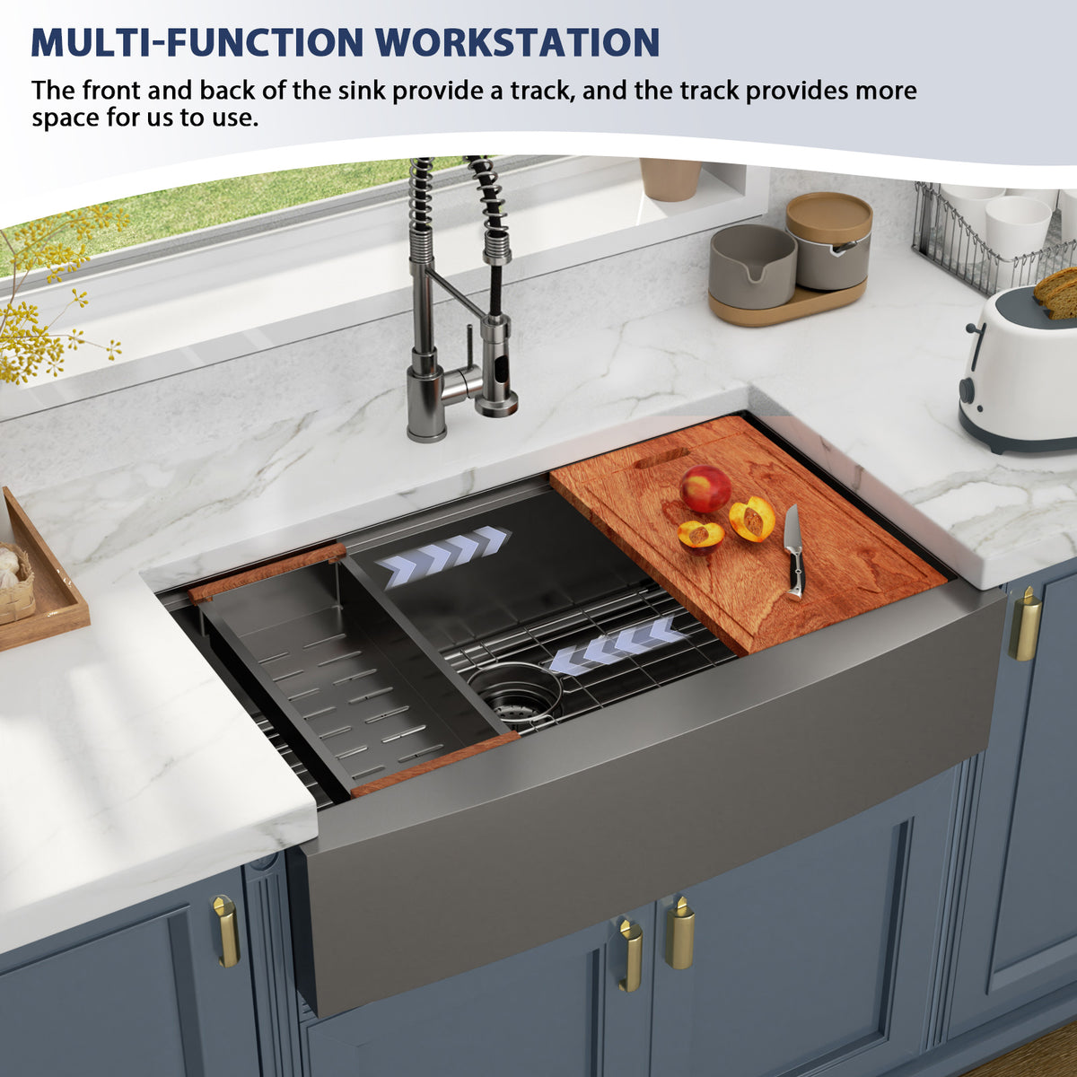 Kichae 36 x 22 Inch Kitchen Sink Farmhouse Workstation Black Stainless Steel with Accessories