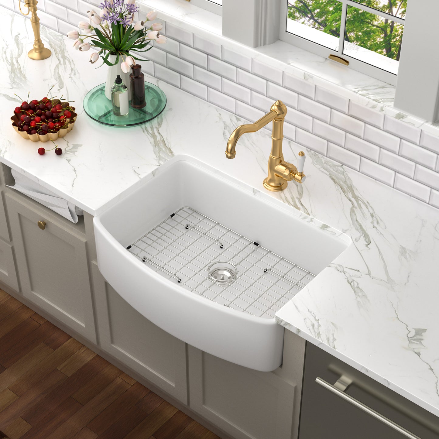 Kichae 33" x 19" White Fireclay Farmhouse Kitchen Sink Apron Front Single Bowl Sink