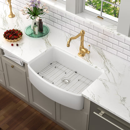 Kichae 33" x 19" White Fireclay Farmhouse Kitchen Sink Apron Front Single Bowl Sink