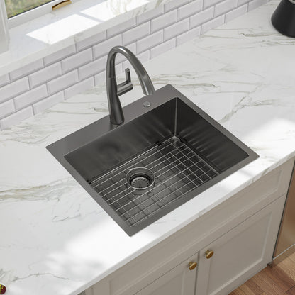 Kichae 25 Inch Gunmetal Black Drop In Top Mount Kitchen Sink 25×22 Inch 16 Gauge T304 Stainless Steel Single Bowl Sink with Accessories