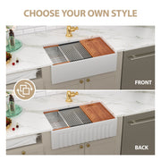 Kichae 33 Inch White Fireclay Farmhouse Workstation Sink Double Bowl Apron Front Kitchen Sink with Full Accessories Kichae USA