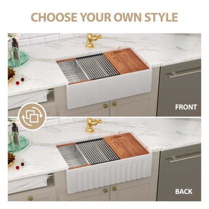 Kichae 33 Inch White Fireclay Farmhouse Workstation Sink Double Bowl Apron Front Kitchen Sink with Full Accessories Kichae USA
