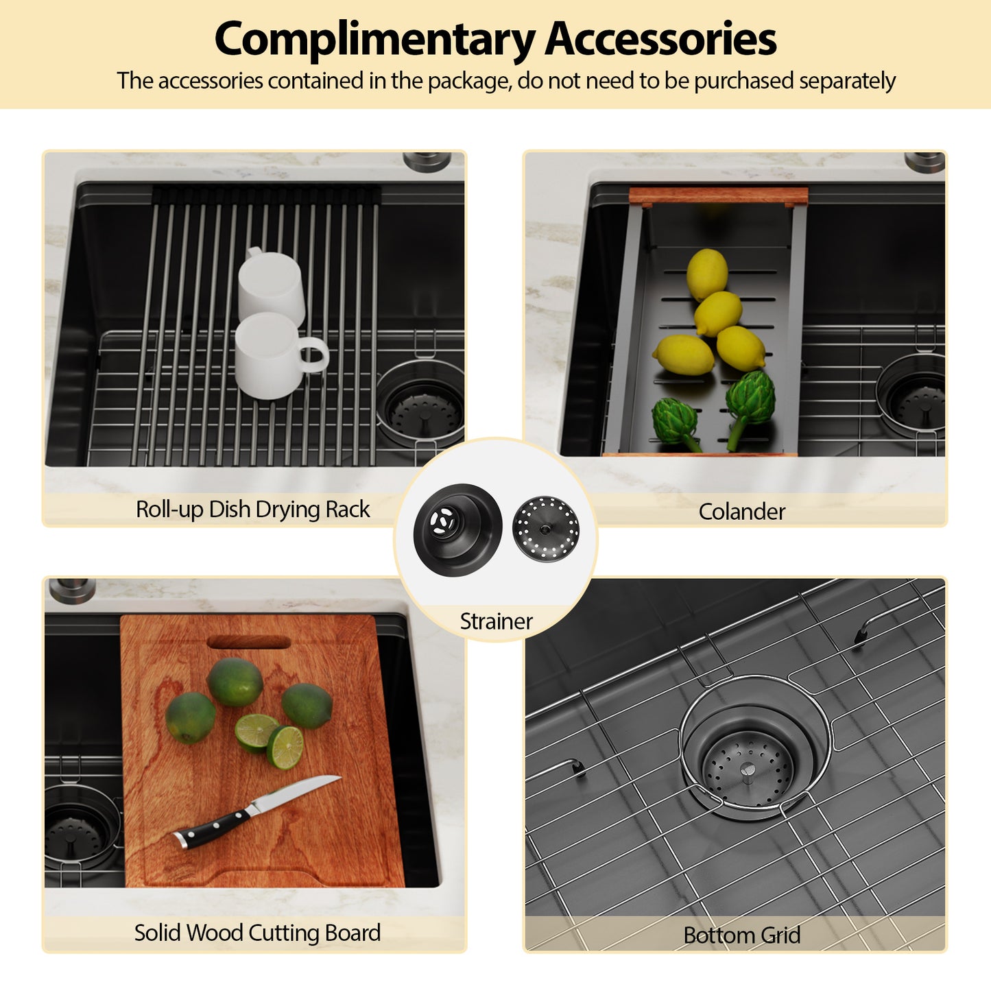 Kichae 30'' x 19'' Gunmetal Black Undermount Workstation Kitchen Sink 16 Gauge Stainless Steel Single Bowl Sink with Full Workstation Accessories