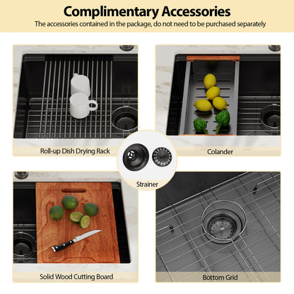 Kichae 30'' x 19'' Gunmetal Black Undermount Workstation Kitchen Sink 16 Gauge Stainless Steel Single Bowl Sink with Full Workstation Accessories