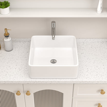 Kichae 15in x 15in x 5.5in Modern Square Above Counter White Ceramic Bathroom Vessel Vanity Sink Art Basin