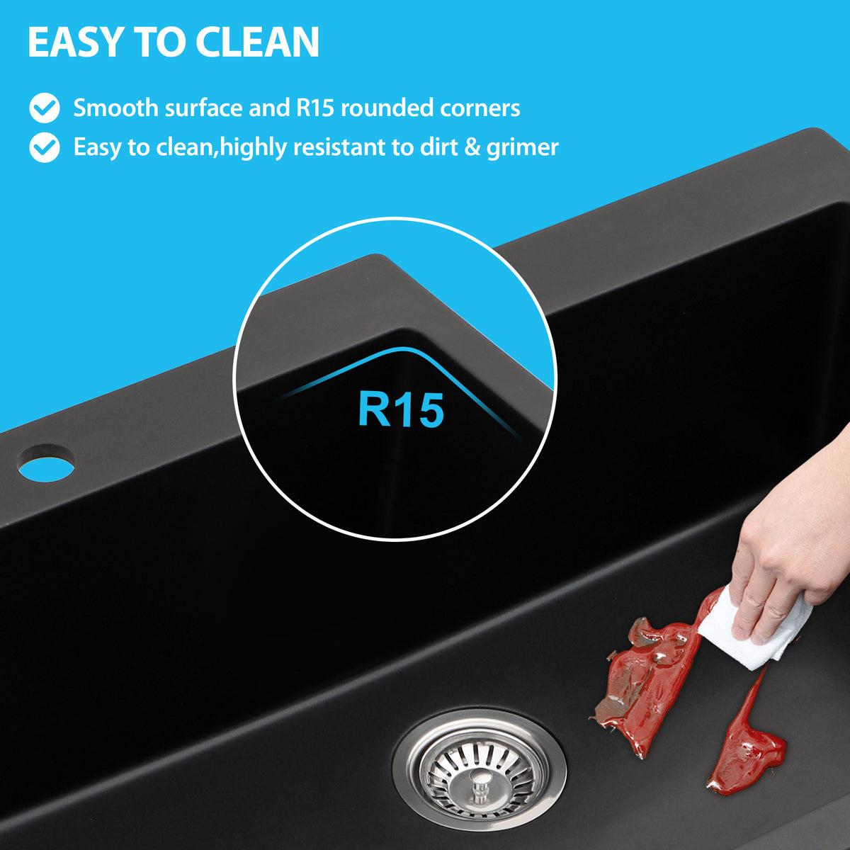 Kichae 33" x 22" Black Quartz Drop-In Single Bowl Kitchen Sink with Full Accessories