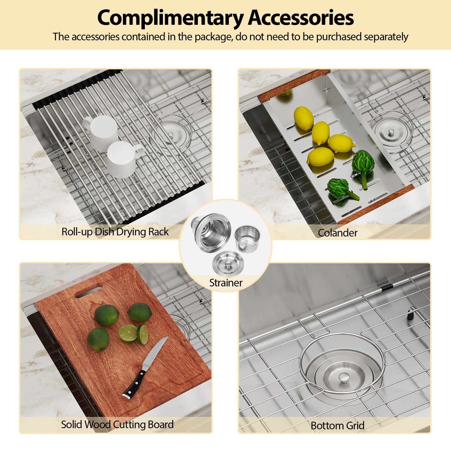 Kichae 32 Inch Undermount Workstation Kitchen Sink 16‑Gauge Stainless Steel Single Bowl Sink with Cutting Board and Colander