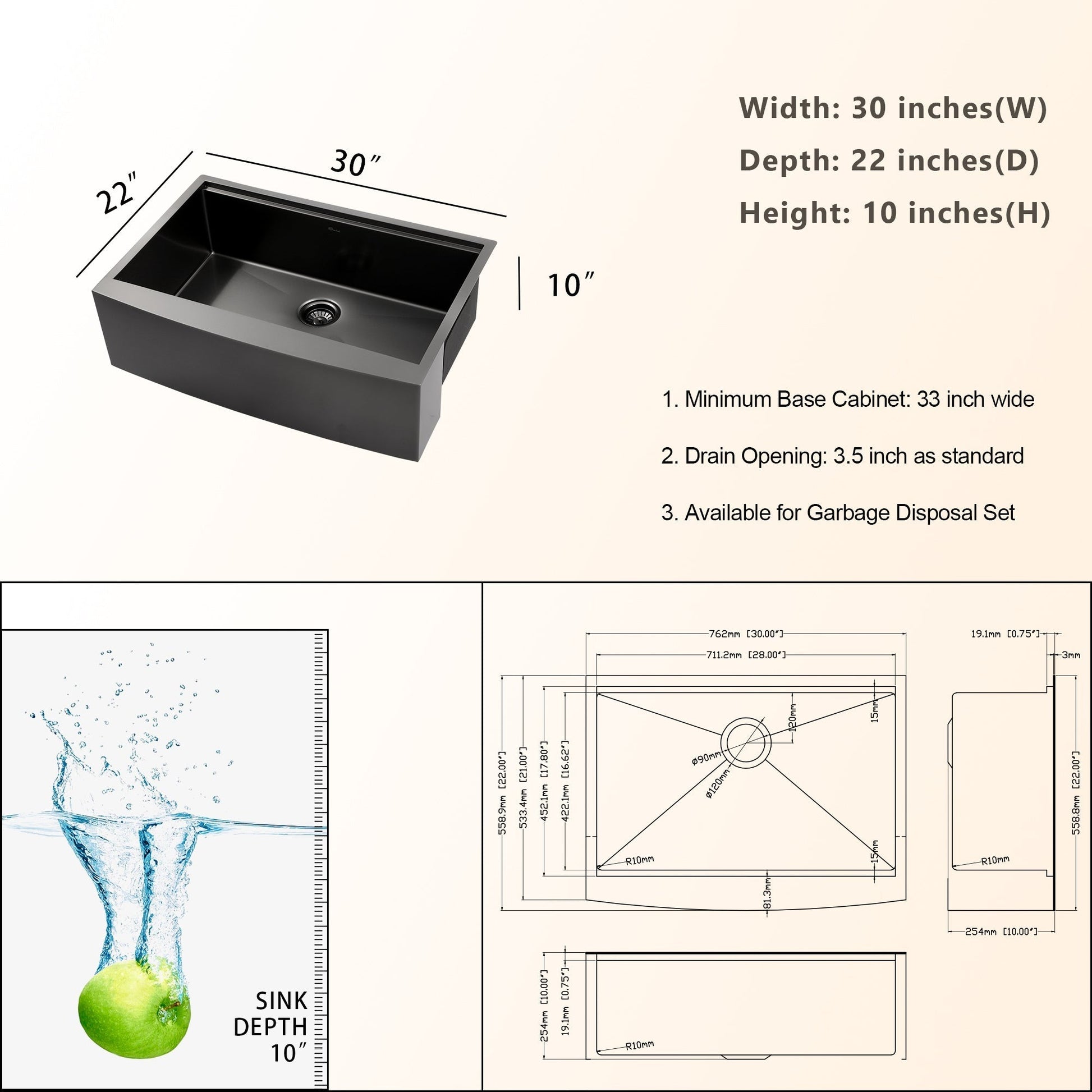 30in W x 22in D Farmhouse Kitchen Sink Workstation Stainless Steel Single Bowl 16 Gauge Apron Front  from Kichae