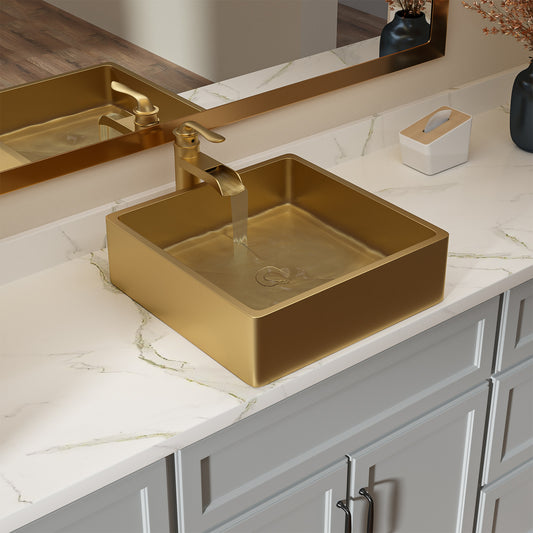 Kichae Stainless Steel Gold Vessel Sink Rectangular 15in x 15in Bathroom Vanity Sink Rectangular Above Couter Art Basin