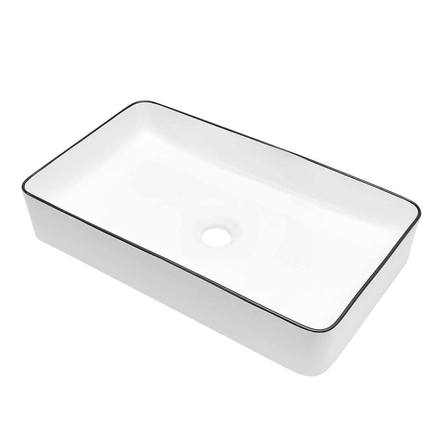 Kichae 24" x 14" White Rectangular Vessel Bathroom Sink with Black Rim, Above Counter Ceramic Vanity Sink
