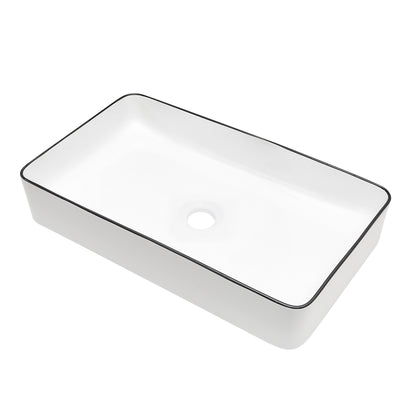Kichae 24" x 14" White Rectangular Vessel Bathroom Sink with Black Rim, Above Counter Ceramic Vanity Sink