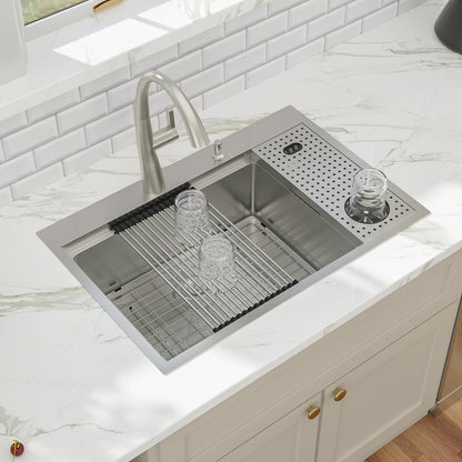 33in  Drop In Kitchen Sink Workstation with Cup Washer-Kichae 33x22 Inch Drop In Kitchen Sink Stainless Steel Workstation Sinks 16 Gauge Single Bowl Kitchen Sink with Glass Rinser with Cutting Board