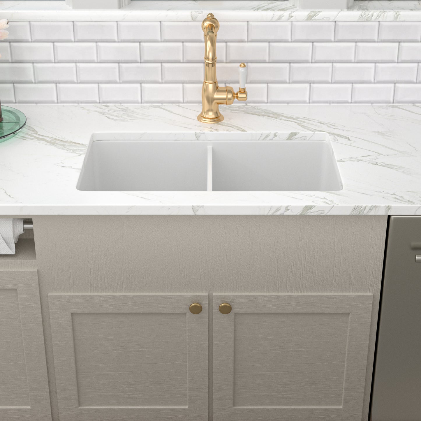 Kichae 32 Inch White Fireclay Dual Mount Kitchen Sink 50/50 Double Bowl Basin