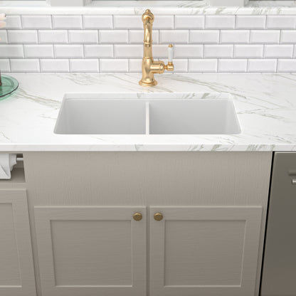 Kichae 32 Inch White Fireclay Dual Mount Kitchen Sink 50/50 Double Bowl Basin