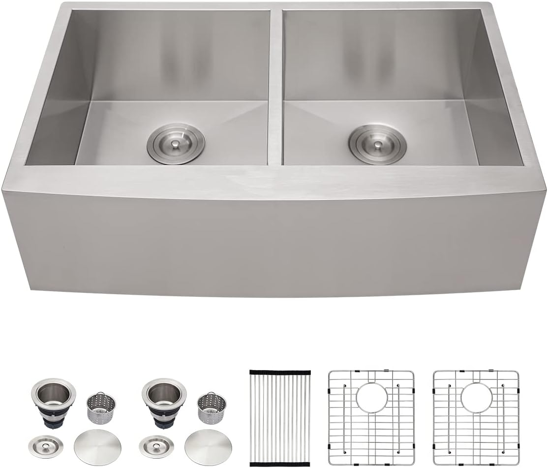 Kichae 36 Apron Double Farmhouse Sink - 36 Inch Apon Front Kitchen Farm Sink Stainless Steel Double Bowl 50/50 Modern Handmade Farmhouse Sink Basin