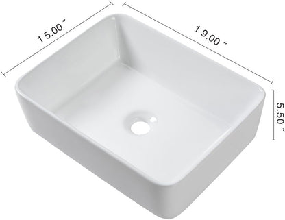 Kichae Bathroom Vessel Sink Rectangle - 19x15 Inch White Modern Bathroom Sinks Rectangular Above Counter Porcelain Ceramic Vessel Vanity Sink Art Basin