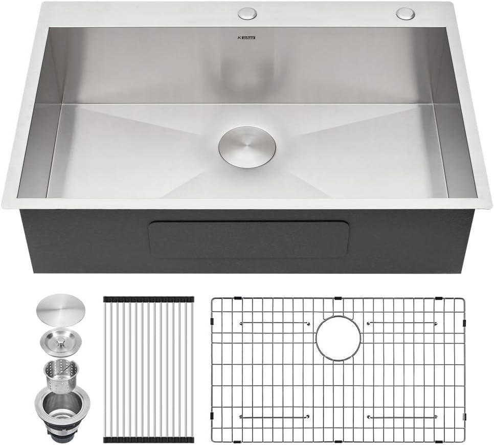 Kichae 33 Drop In Kitchen Sink - 33x22 Kitchen Sink Drop in Topmount Single Bowl 16-Gauge Stainless Steel Drop Sinks Round Corner Basin With Rack & Stainless Steel Sink Grid