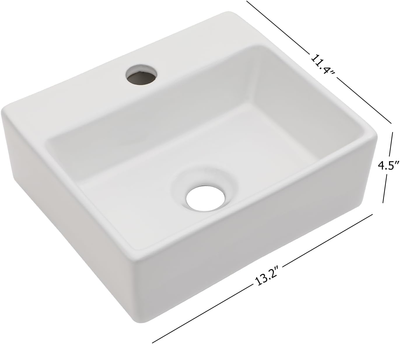 Kichae Wall Mount Hung Small Vessel Sink - Bathroom Corner Floating Sink Rectangle 13in  x 11in  Modern Bathroom White Porcelain Ceramic Vessel Vanity Sink with Faucet Hole