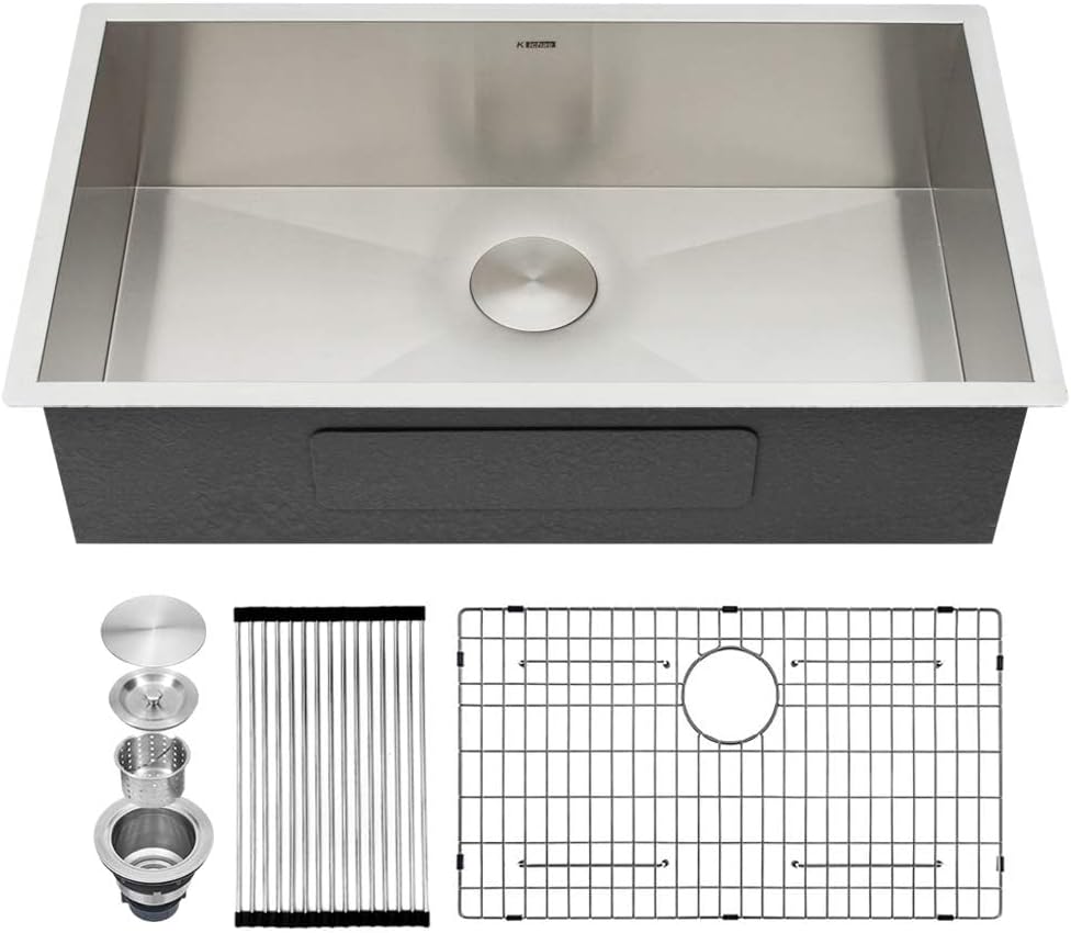 Kichae 33 Inch Undermount Kitchen Sink Single Bowl Stainless Steel Kitchen Sink 33in  Under Mount 18 Gauge Round Corner Kitchen Sinks Deep Basin 33x19x9 Inch