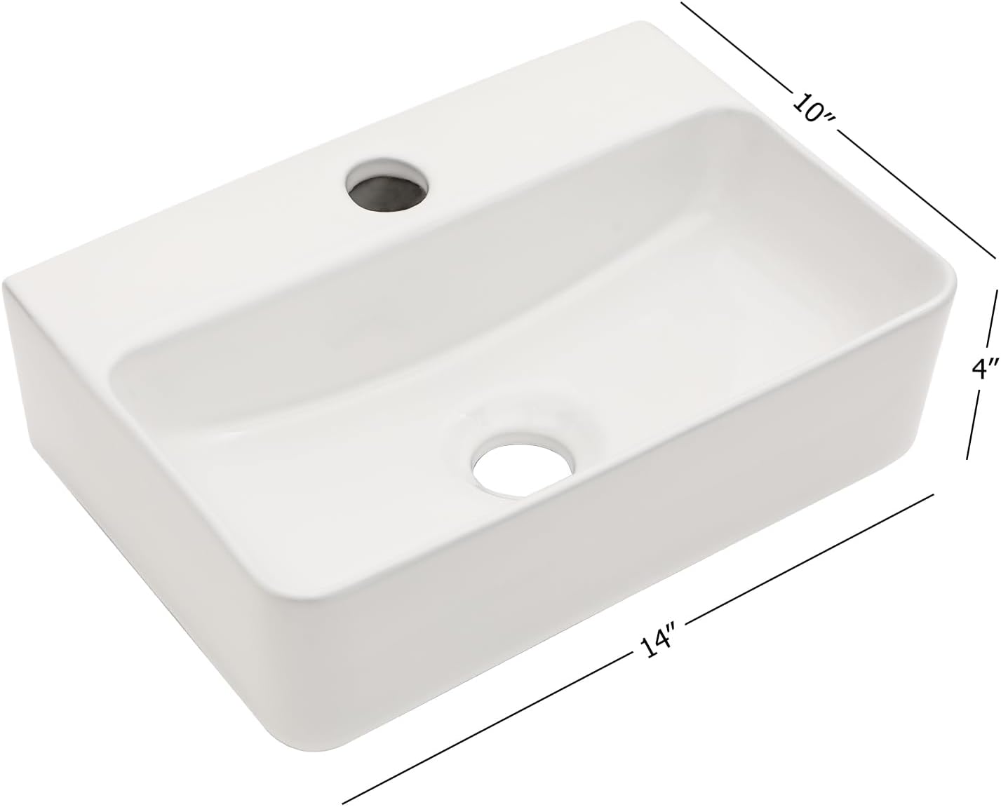 Kichae Floating Bathroom Sink Wall Mounted - Rectangle Vessel Sink 14in  x 10in  Small Modern Bathroom Wall Hung Sink White Porcelain Ceramic Vessel Vanity Sink with Faucet Hole