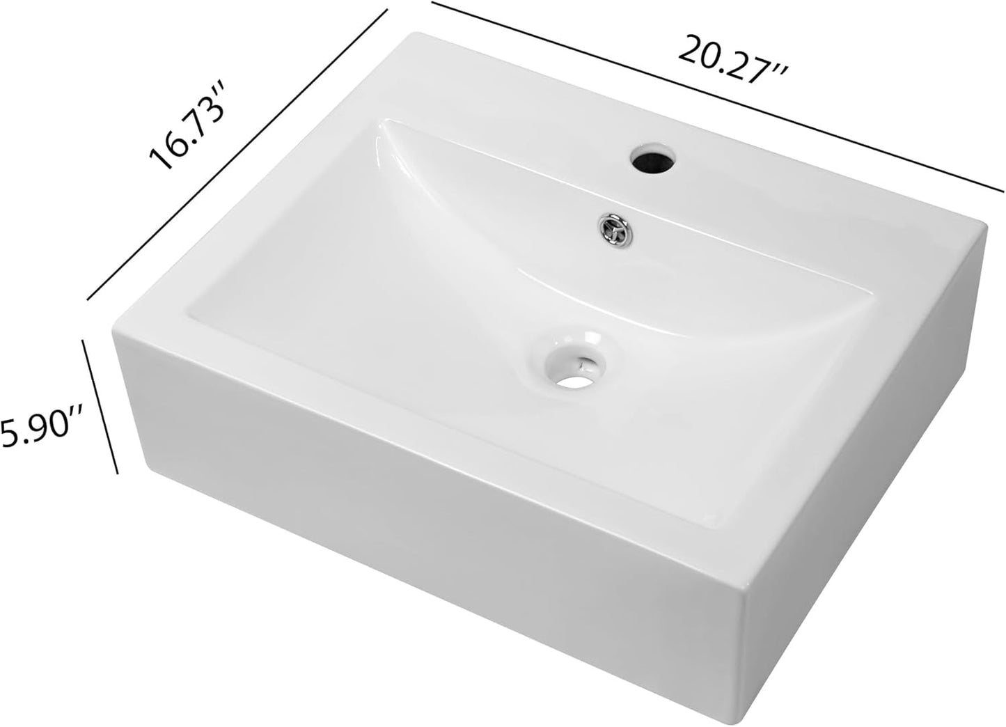 Kichae Wall Mount Vessel Sink - 21in  x 16in  Rectangle Wall Mounted Bathroom Sink White Wall Hung Porcelain Sink With Overflow Ceramic Basin Floating Lavatory Sink