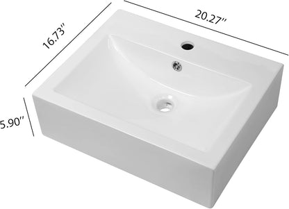 Kichae Wall Mount Vessel Sink - 21in  x 16in  Rectangle Wall Mounted Bathroom Sink White Wall Hung Porcelain Sink With Overflow Ceramic Basin Floating Lavatory Sink