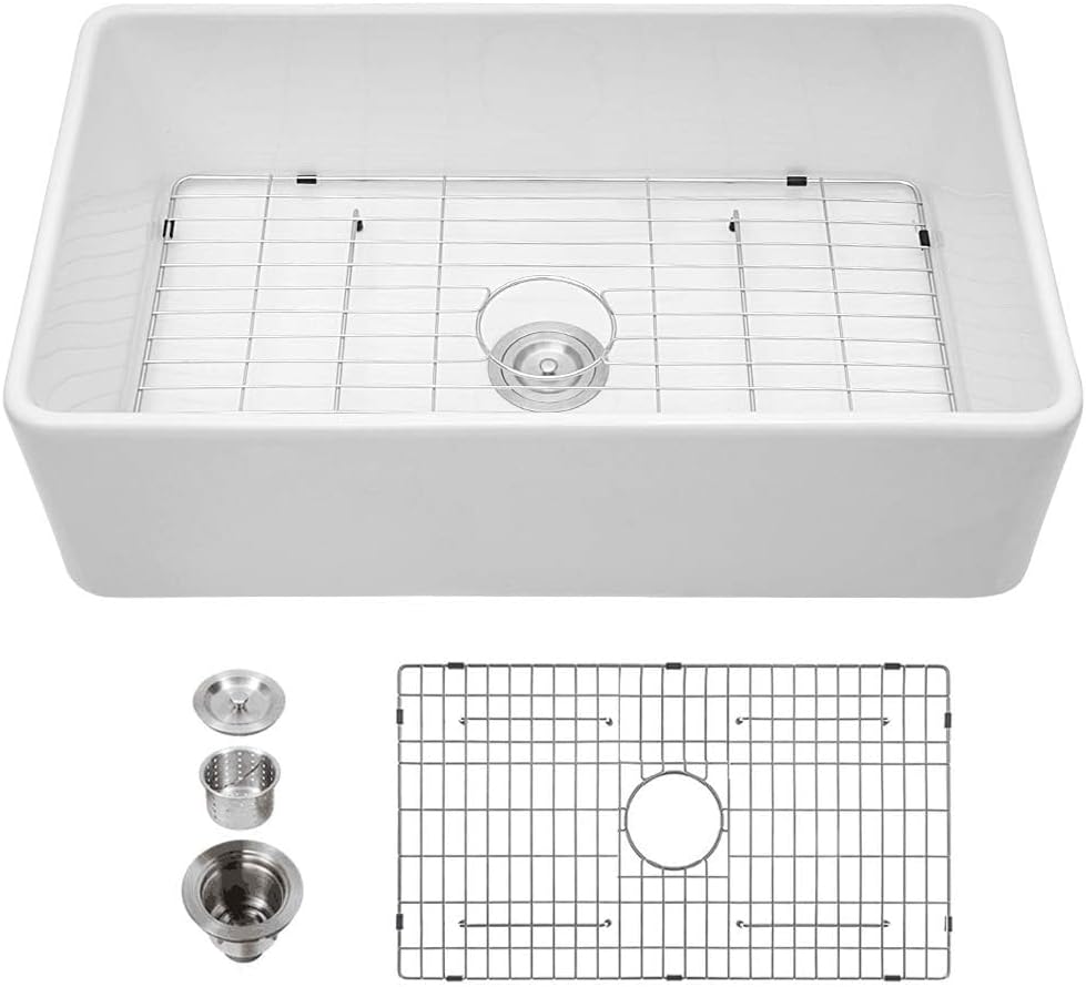 Kichae 36 Inch White Farmhouse Sink - 36in L x 20in W Farm Kitchen Sink Undermount Singe Bowl Reversible Apron Front Fireclay Ceramic Porcelain Farmer Style Kitchen Sink with Accessories