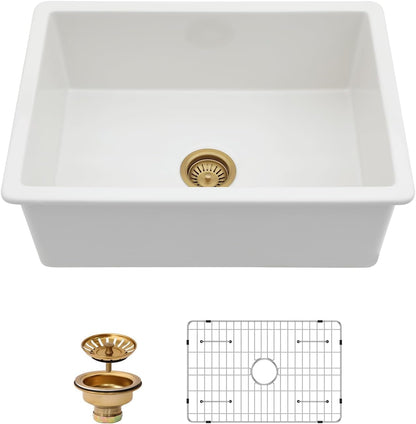 Kichae 27 Inch White Undermount Sink Fireclay 27x19 Inch White Kitchen Sink Dual Drop in & Undermount Kitchen Sink Single Bowl Deep Porcelain Ceramic Sink