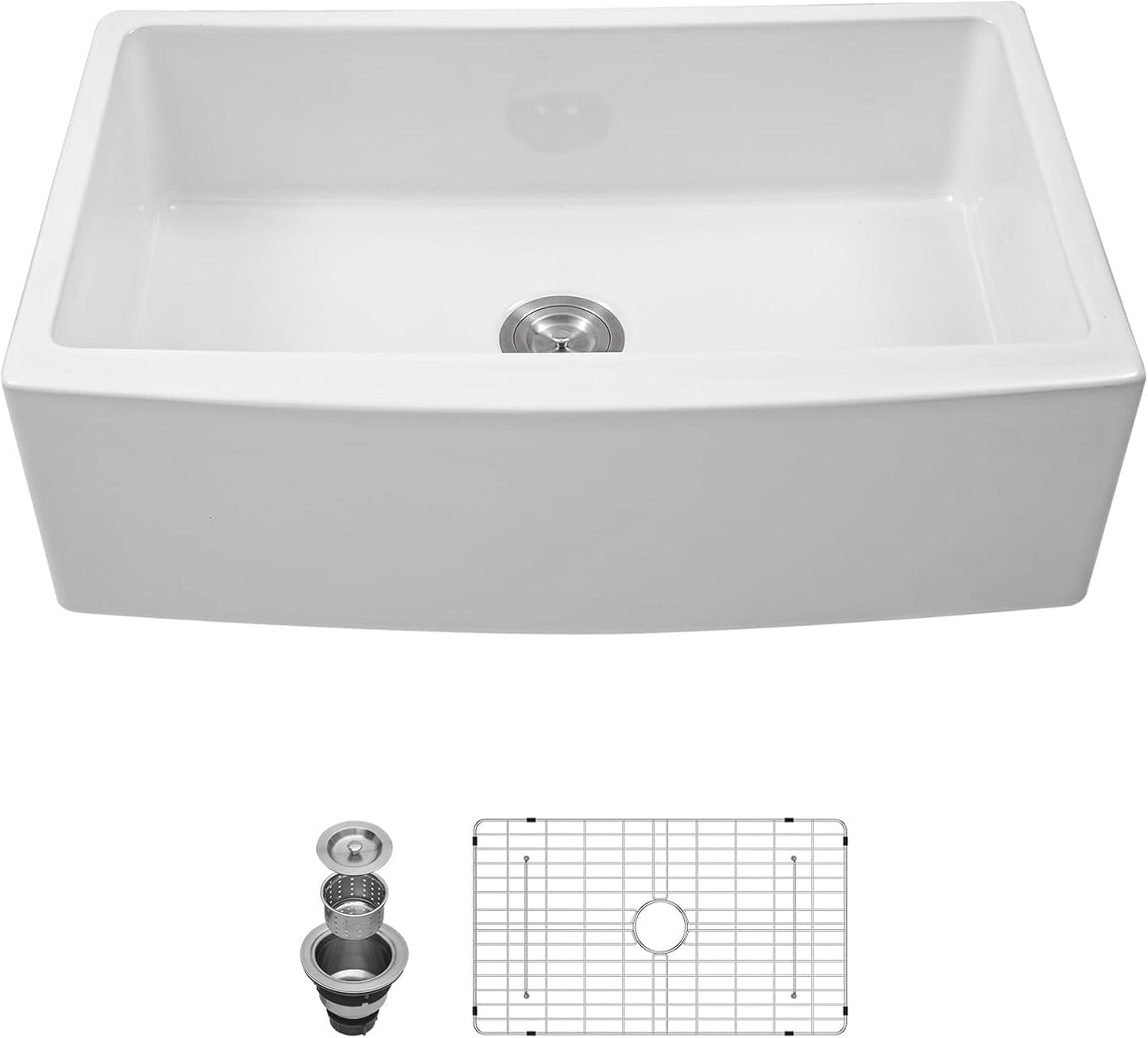 Kichae 33 Farmhouse Sink White - 33x21 Inch Kitchen Sink Apron Front White Ceramic Porcelain Fireclay Single Bowl Farmer Sink