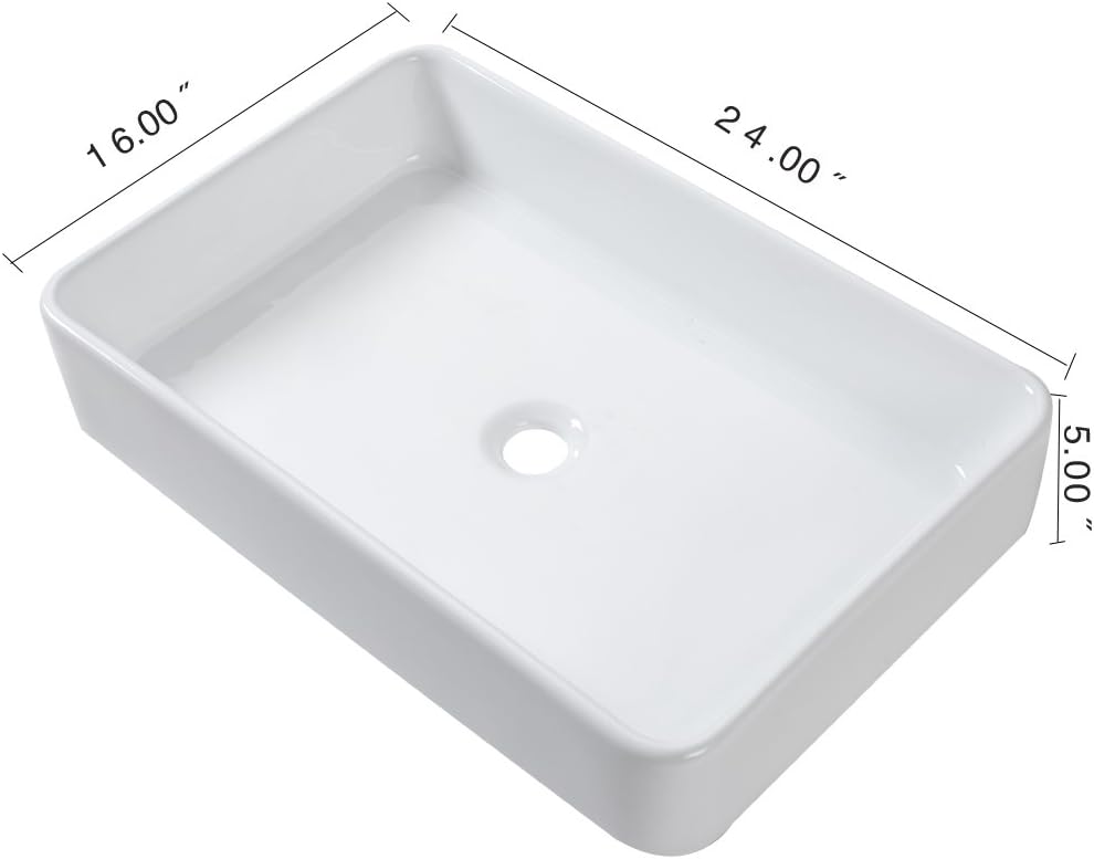 Kichae 24in x16in  Rectangle Bathroom Vessel Sink Porcelain Ceramic White Vanity Sink Above Counter Modern Sink for Cabinet, Lavatory, Hotel Art Basin, Home Washing Basin