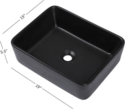 Kichae Vessel Sink Rectangular - 19in x15in  Modern Bathroom Rectangle Above Matte Black Porcelain Ceramic Vessel Vanity Sink Art Basin